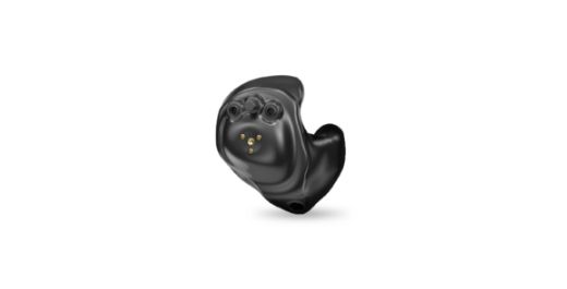 Black in-ear hearing aid on a white background.