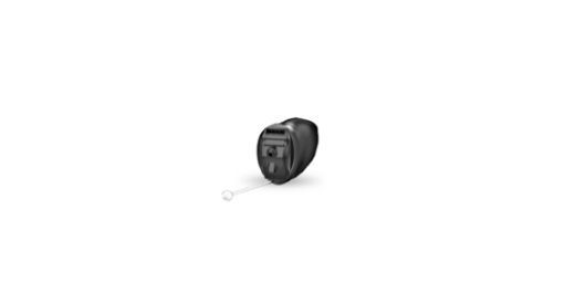 Small, black in-the-ear hearing aid, set against a white background.