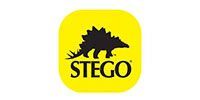 Yellow STEGO logo with black stegosaurus silhouette and text