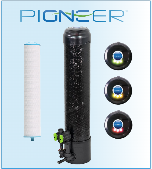 A Pioneer water filtration system, including a white filter cartridge, a black tank, and three status indicator lights.