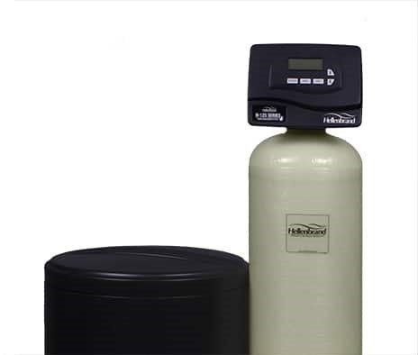 A Heller-brand water softener system featuring a tall, cream-colored tank with a digital control head and a black brine tank.