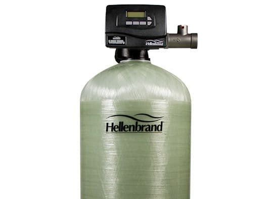 A Hellenbrand water filtration system tank with a black digital control valve on top, set against a white background.
