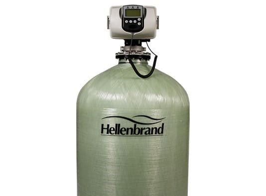 A Hellenbrand brand water treatment tank with a digital control valve attached to the top.