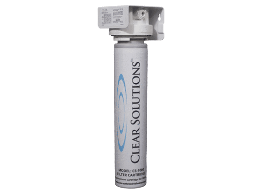 A cylindrical Clear Solutions water filter cartridge attached to a white mounting bracket against a plain white background.