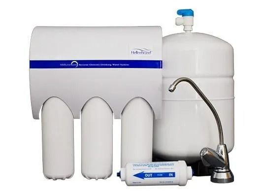 A white reverse osmosis water filtration system with three filters, a storage tank, a faucet, and an inline filter.