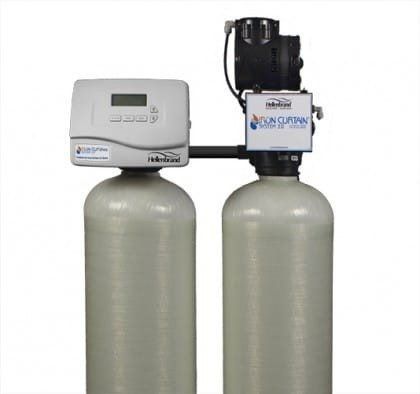 A dual-tank water filtration and conditioning system with a digital control panel and air pump against a white background.