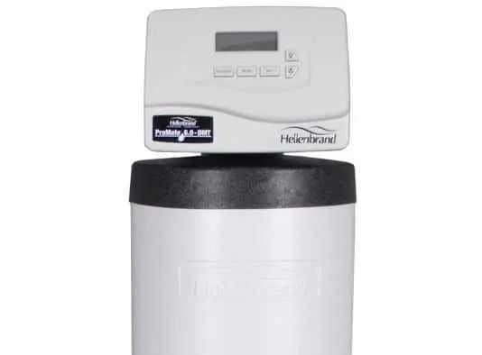 A white Helenbrand water softener system with a digital control head mounted on a cylindrical white tank.