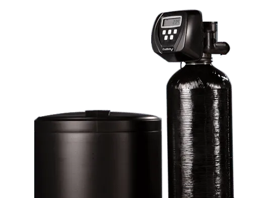A black water softener system with a tall mineral tank, digital control head, and a separate brine tank.