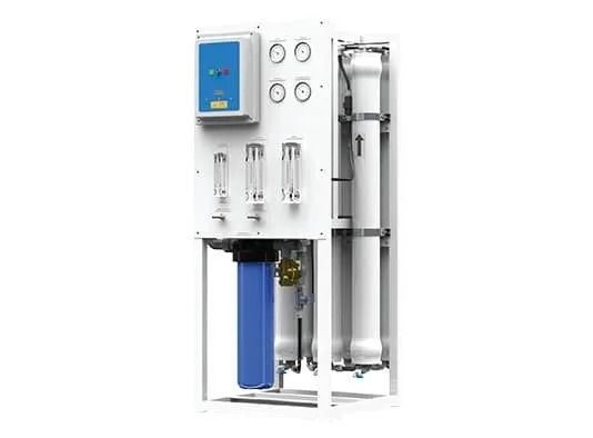 A white commercial reverse osmosis water filtration system with a blue filter housing and a digital control panel.