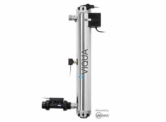 A stainless steel Viqua ultraviolet water disinfection system with attached sensors and a black flow-control component.