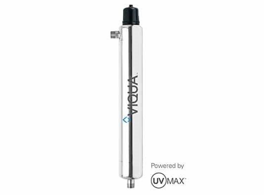 A cylindrical, stainless steel Viqua UV water purification chamber with a black top cap, displayed against a white background.