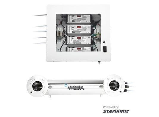 A Viqua Sterilight ultraviolet water disinfection system featuring a control panel with four ballasts and a metal chamber.