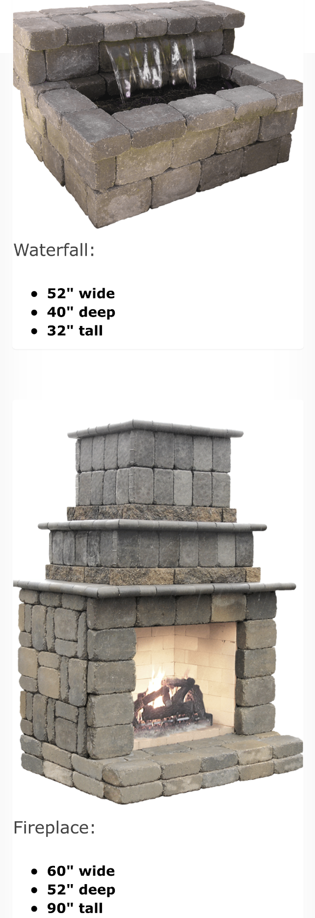 A picture of a fireplace with a waterfall and a picture of a fireplace without a waterfall.