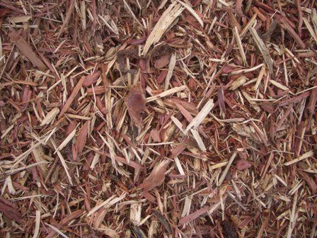 A pile of wood chips is sitting on the ground.