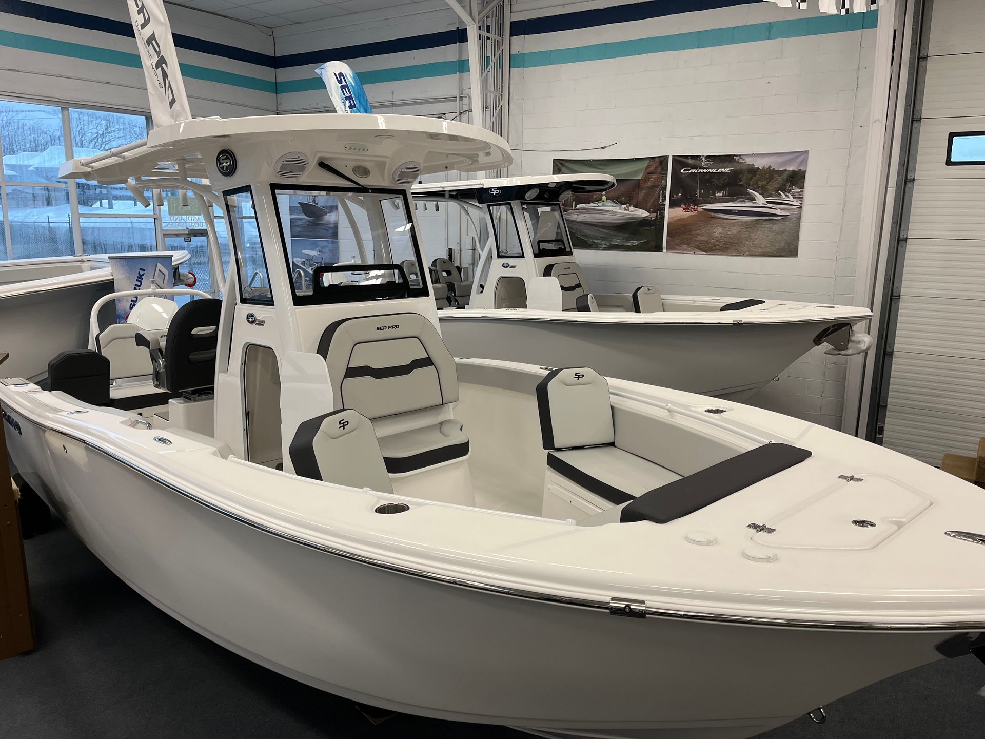 One white boat in the showroom