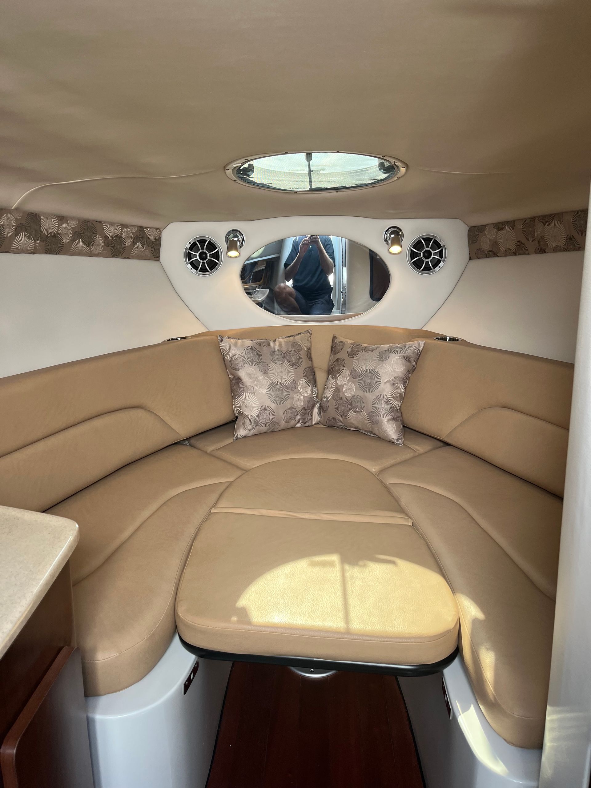 Inside the cabin of a 2025 Crownline boat