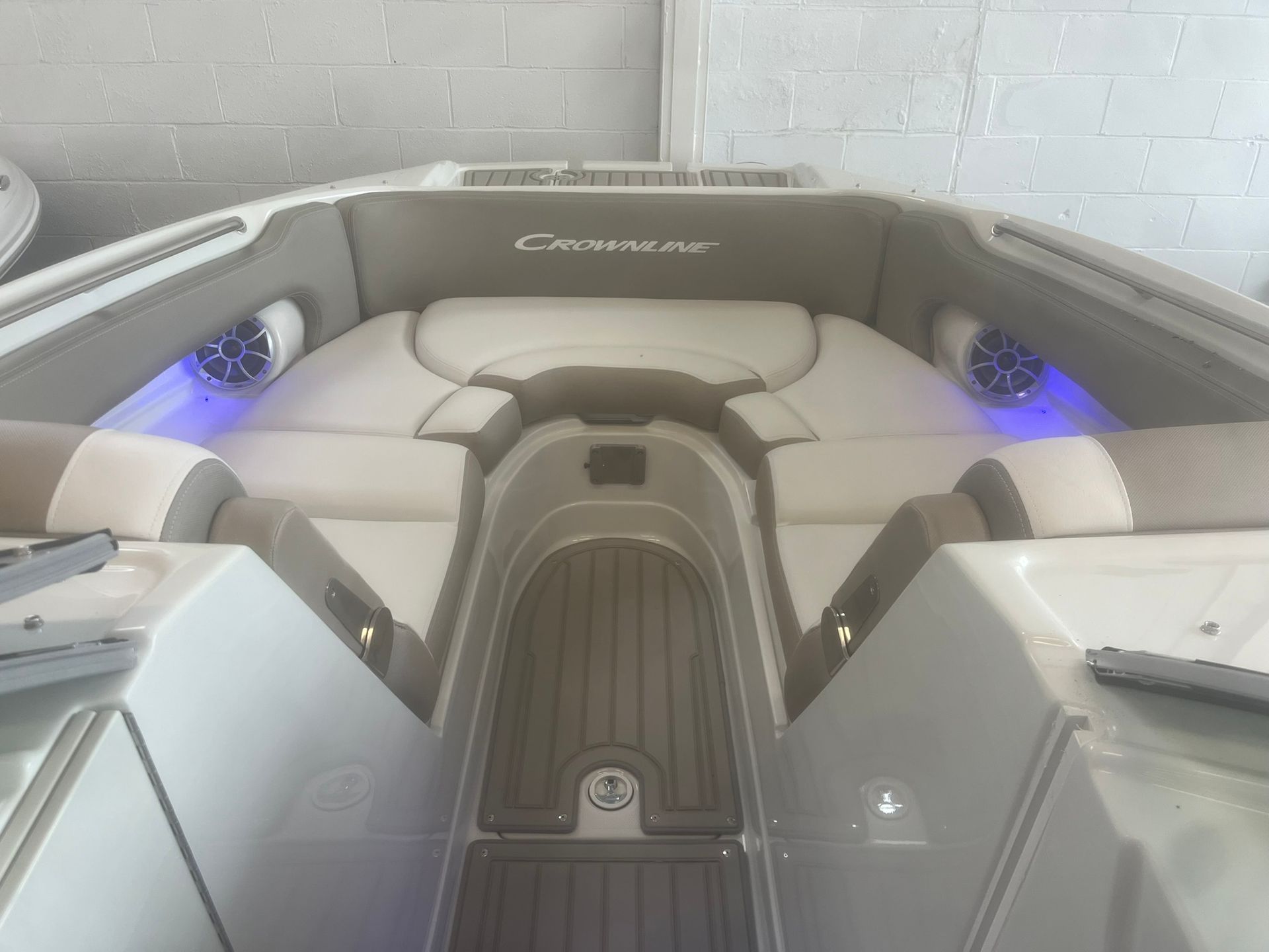 The inside of a boat with a blue light on it