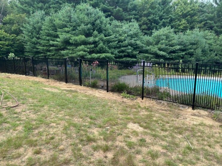Black metal fence surrounds a swimming pool, lawn in foreground, trees in the background.