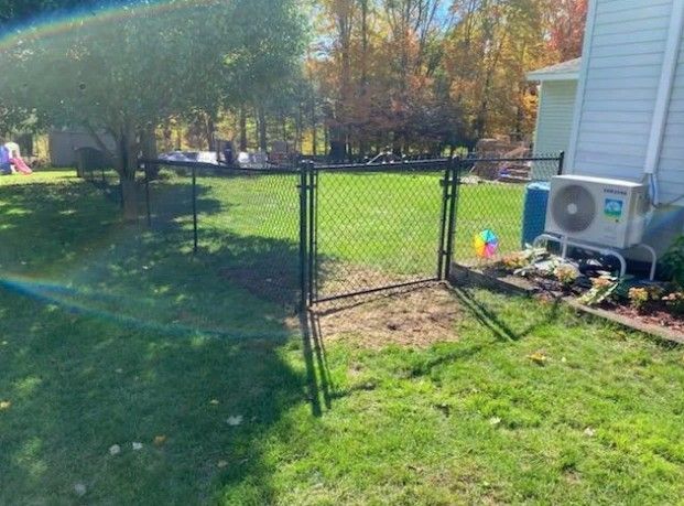 Black chain-link fence with gate in a grassy backyard near a house and trees; sunny day.