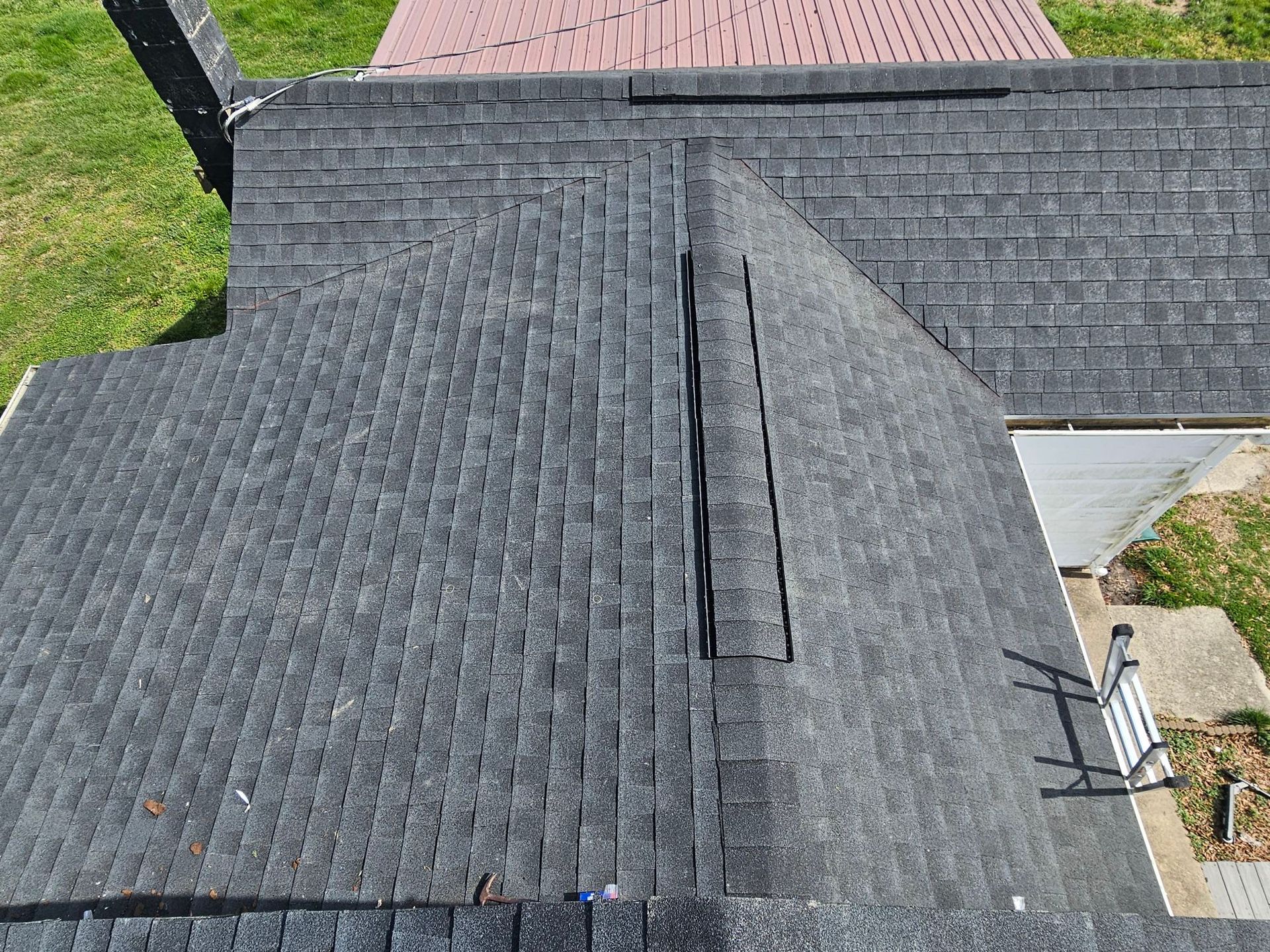 An aerial view of a roof of a house 