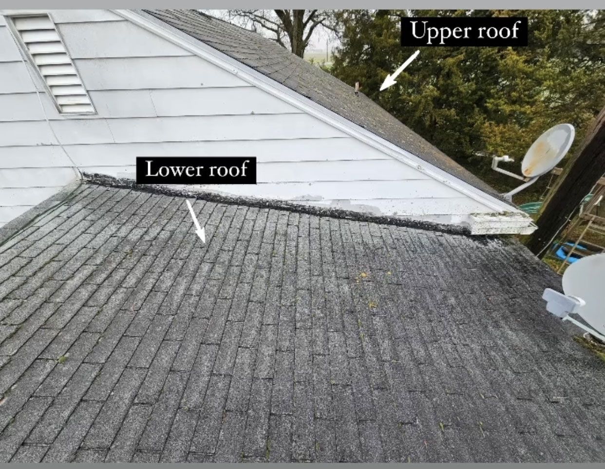 A picture of a roof showing the upper roof and lower roof