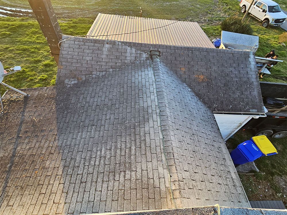An aerial view of a roof of a house