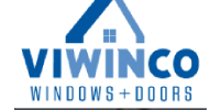 The logo for vivinco windows and doors is blue and white.