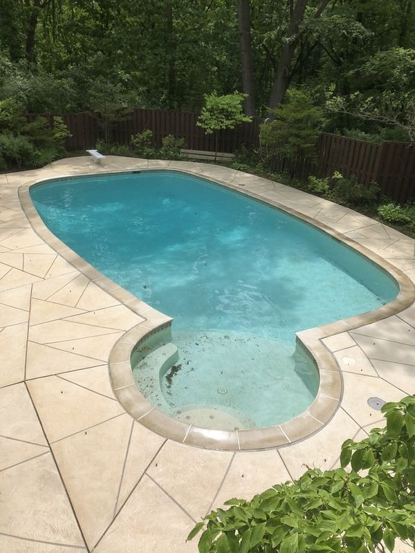 Backyard swimming pool with light stone deck and surrounding trees and fence