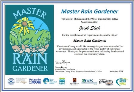Master Rain Gardener certificate with teal flower logo and sponsor logos along the bottom