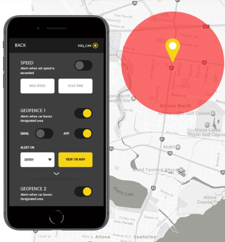 Smartphone app interface showing geofencing settings and a map with a red-highlighted area around a location marker.