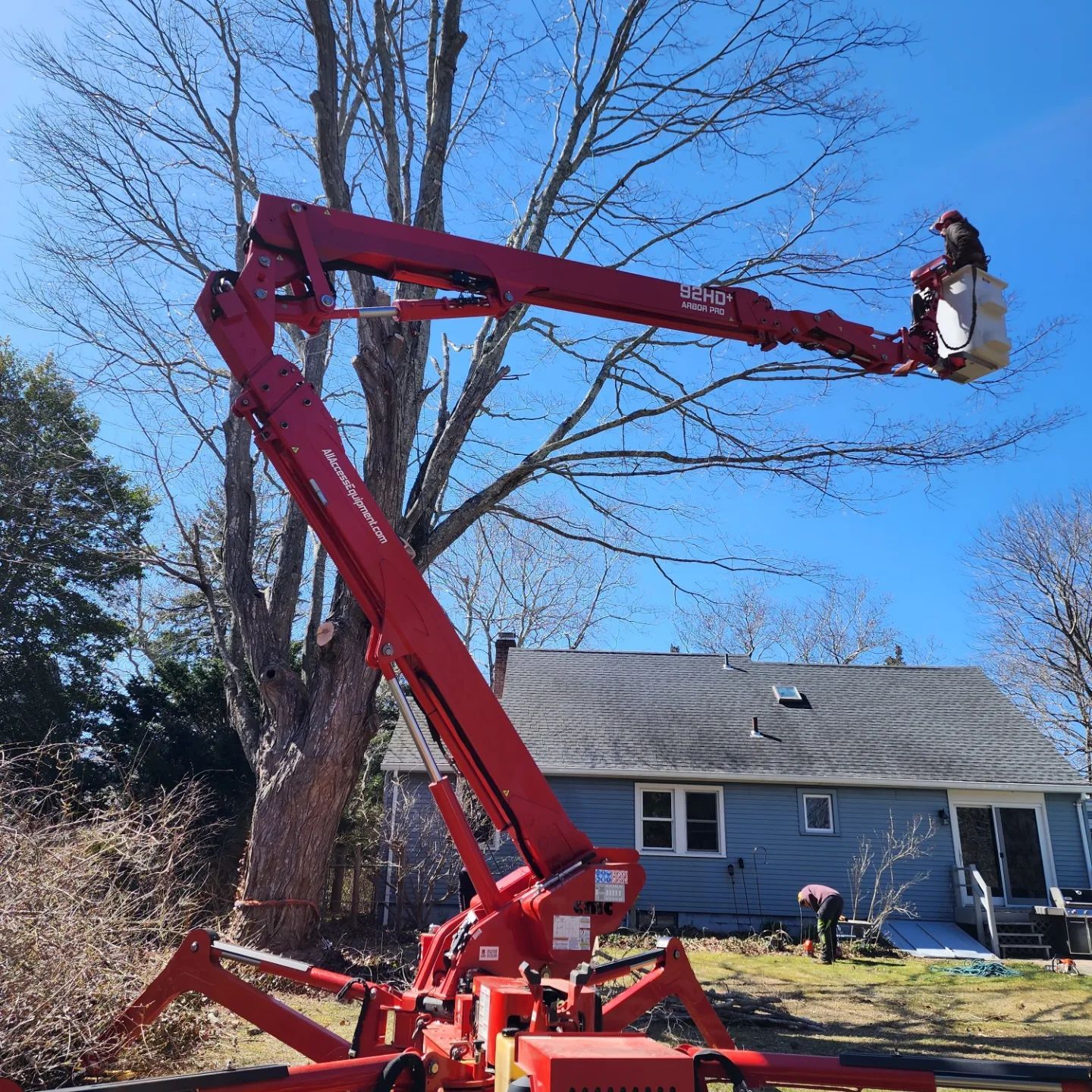 Red lift with worker trimming tree branches near a house under a blue sky.