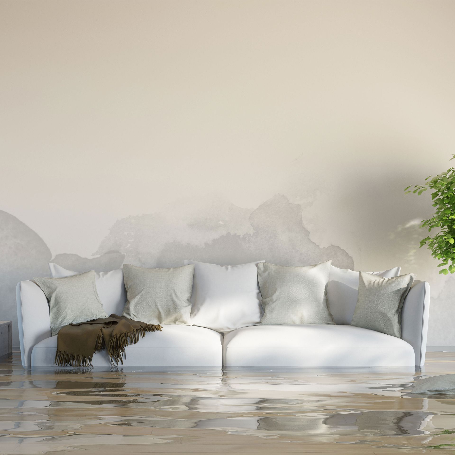 A living room with a white couch and a flooded floor.