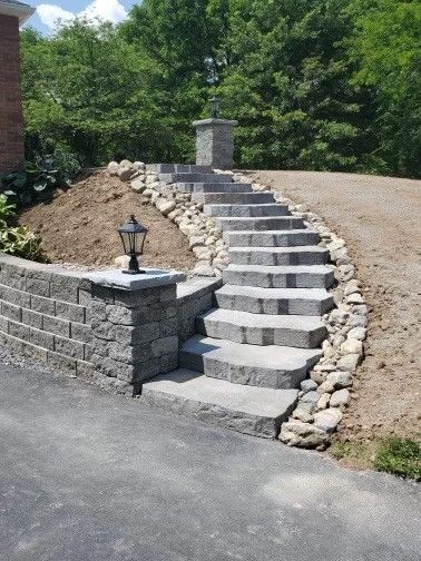 A stairs leading up to a retaining wall