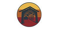 Logo with a covered bridge in a circle; orange, red and blue tones.