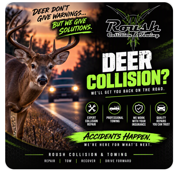 Deer by a road at dusk with headlights; ad warns “Deer collision?” and offers roadside assistance.