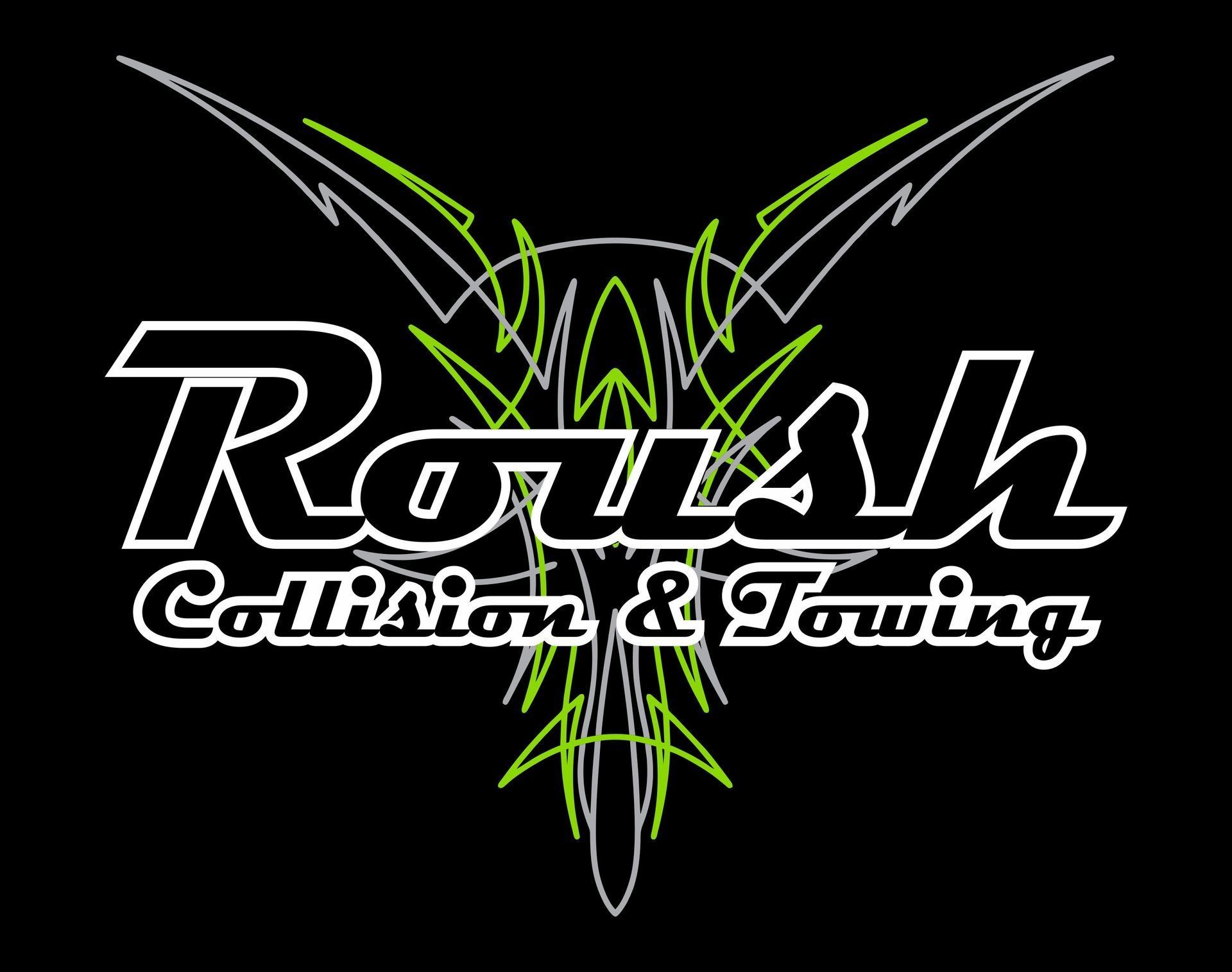 Logo for Roush Collision & Towing with black background, white text and green/grey pinstripe design.