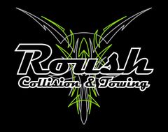 Logo for Roush Collision & Towing with black background, white text and green/grey pinstripe design.