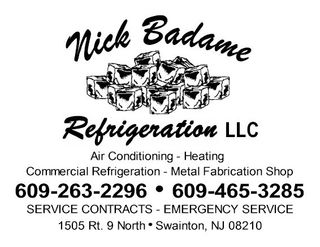 Nick Badame Refrigeration LLC logo with contact info, air conditioning, heating, and emergency service details.