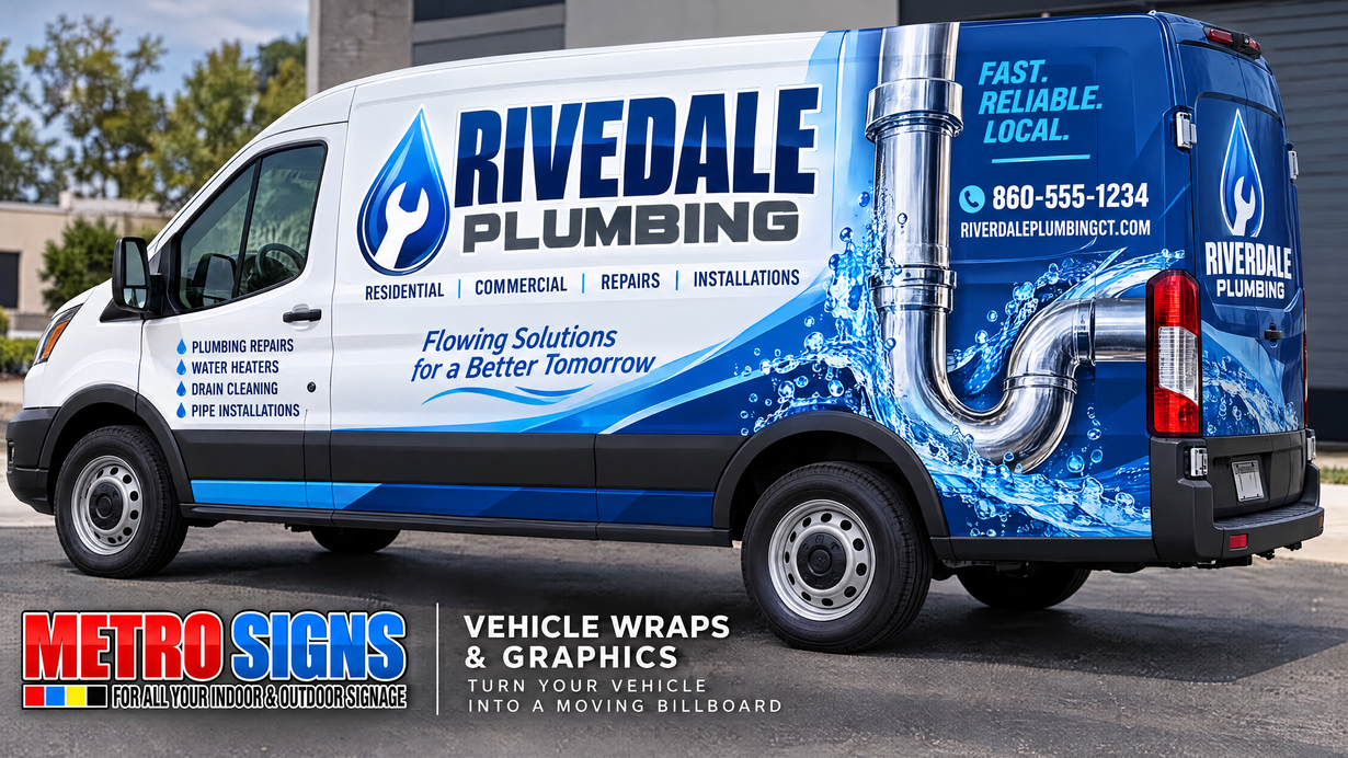 White Rivendale Plumbing van with blue branding and wave graphics, parked outdoors with Metro Signs wrap logo.