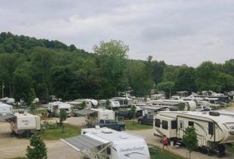 RV campground with many parked trailers, green trees, and a cloudy sky.