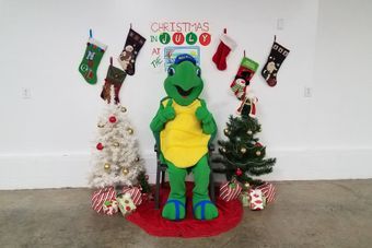Turtle mascot in Christmas setting with trees, stockings, and gifts.