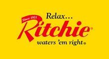 Logo for Ritchie waters, red text on yellow background. Text:
