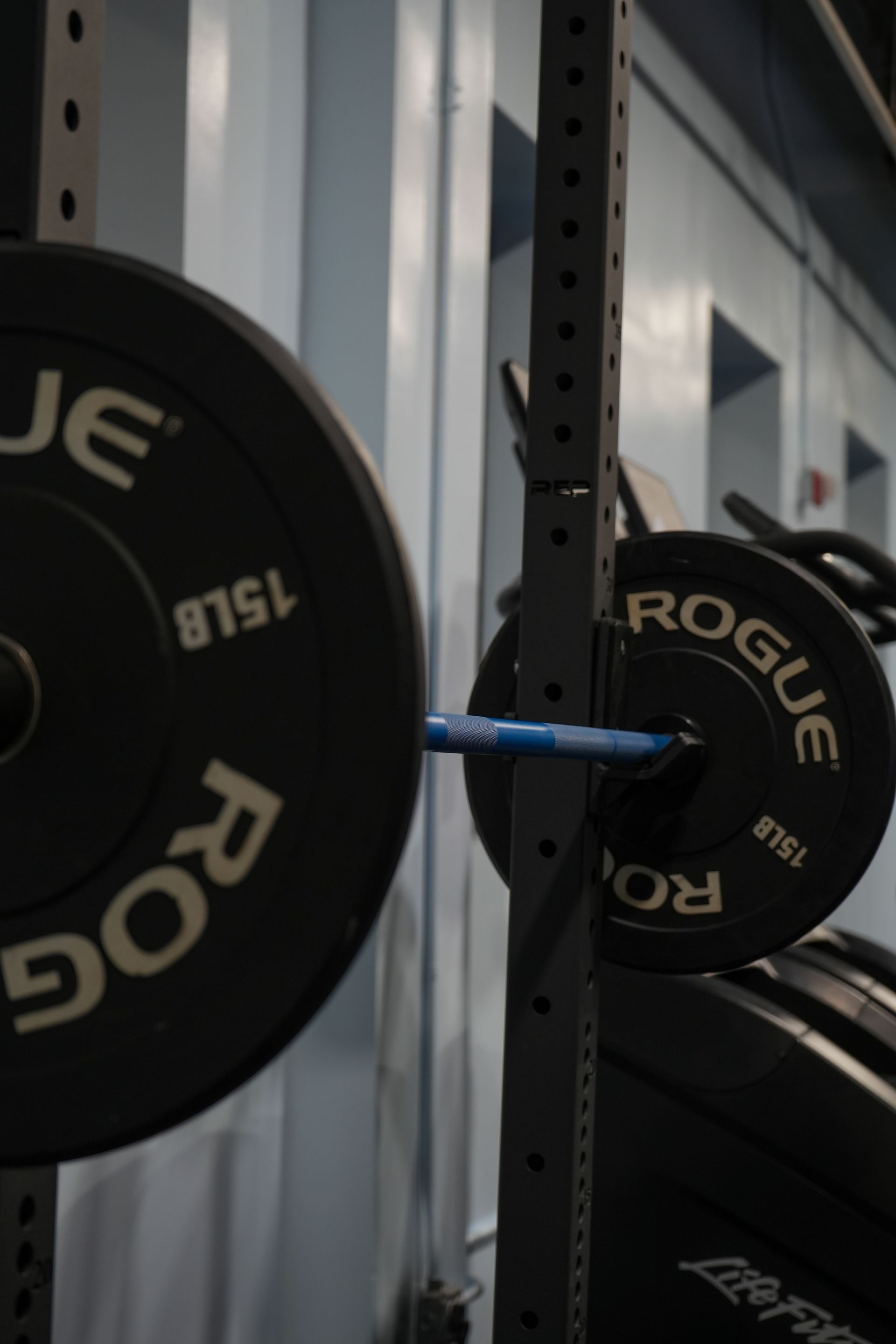 A pair of rogue barbells on a rack in a gym