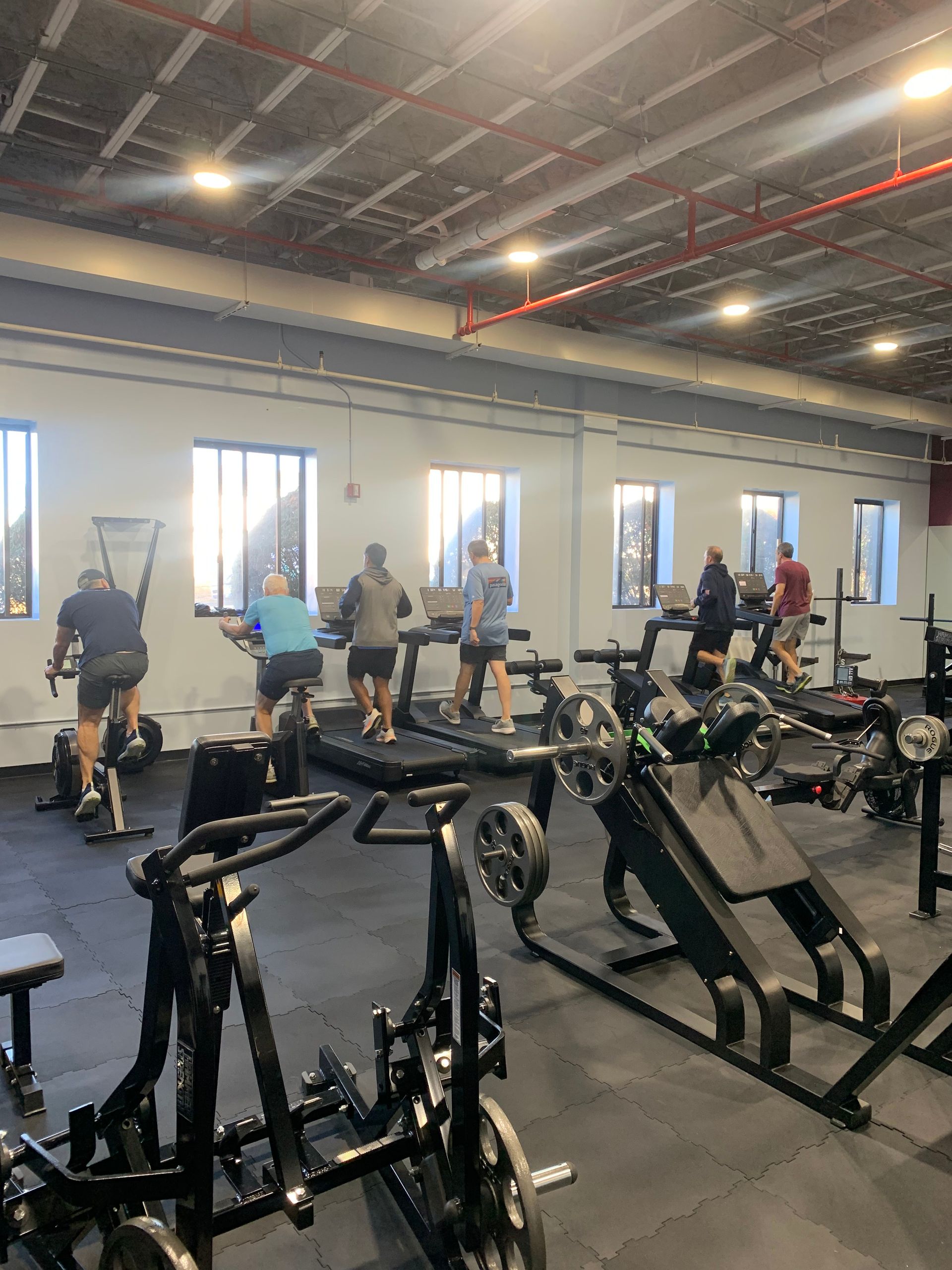 A group of people are working out in a gym.