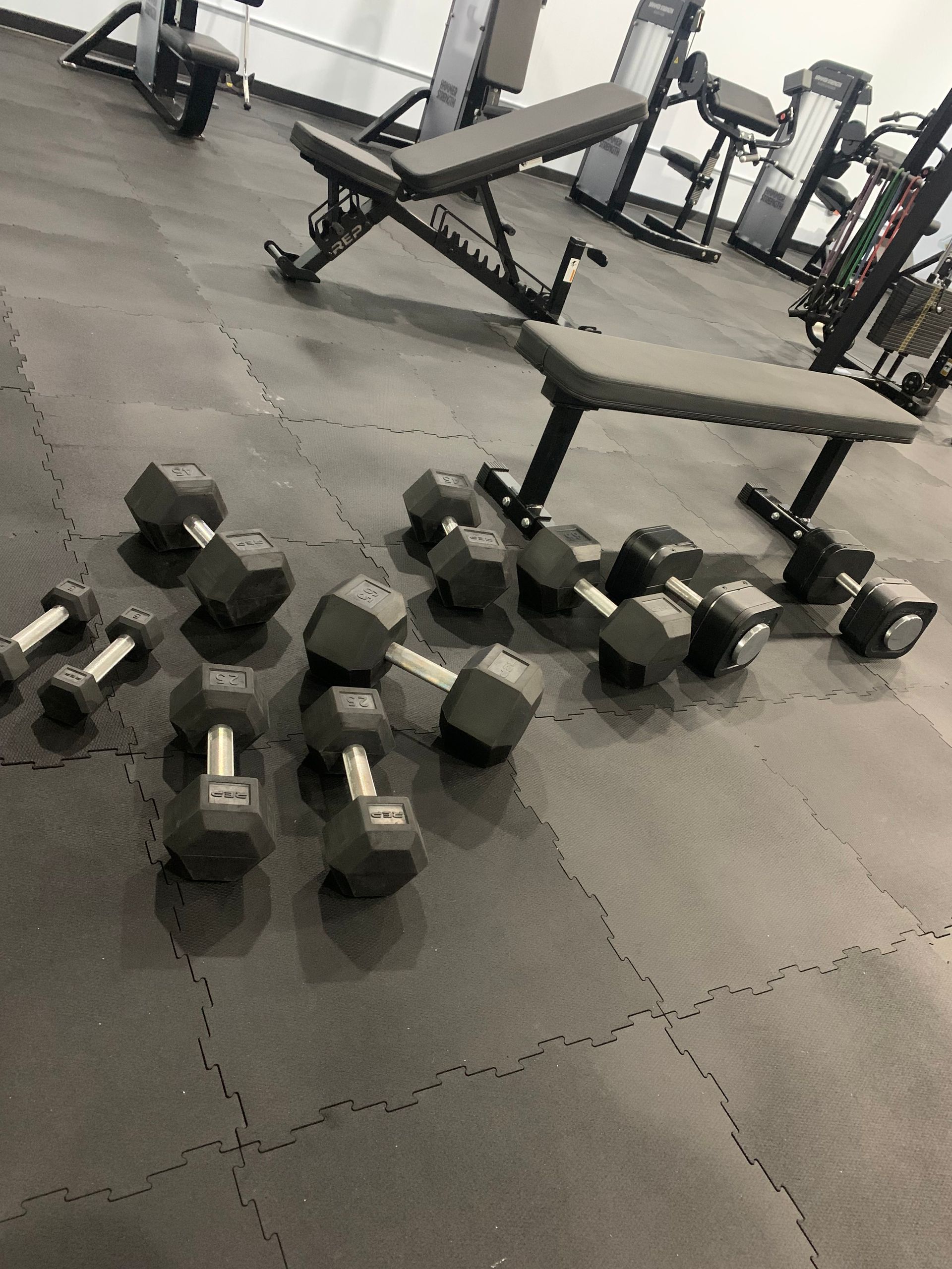 A bunch of dumbbells are laying on the floor in a gym.