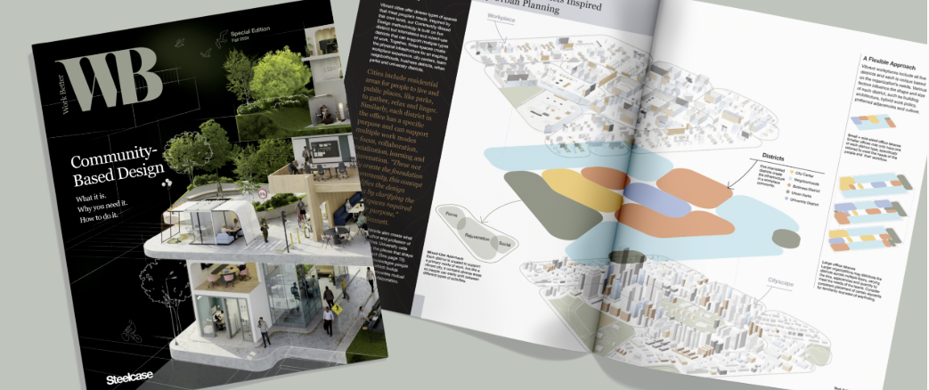 Magazine spreads featuring architectural renderings and colorful abstract designs.