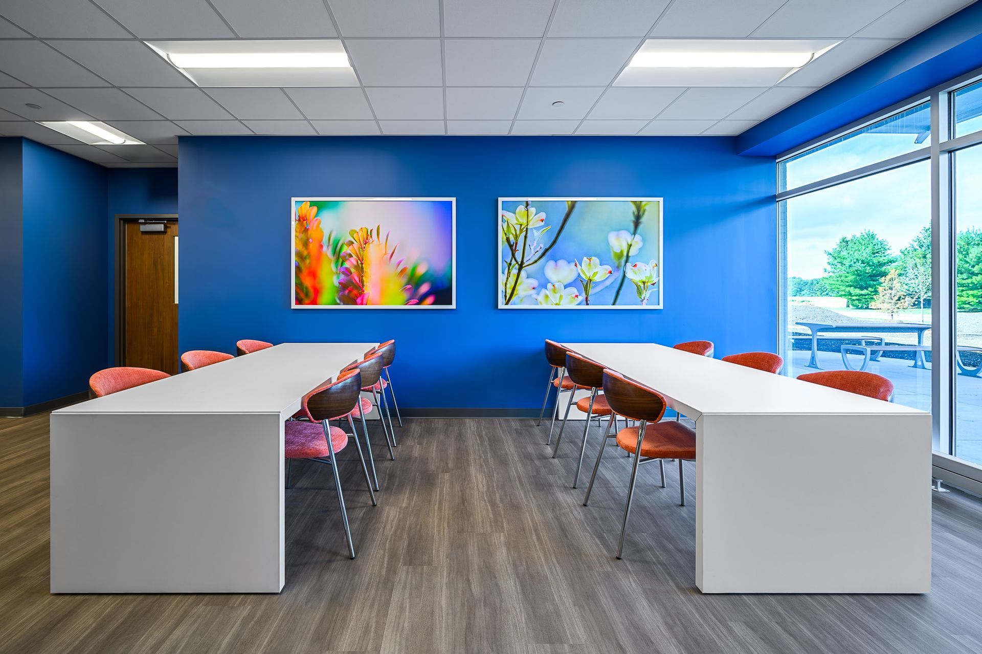 A blue-painted room with two white long tables and chairs