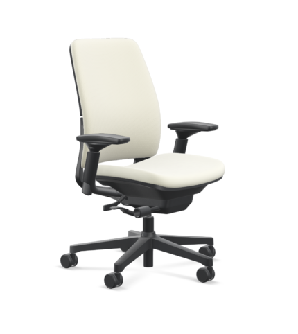 A black and white office chair with wheels