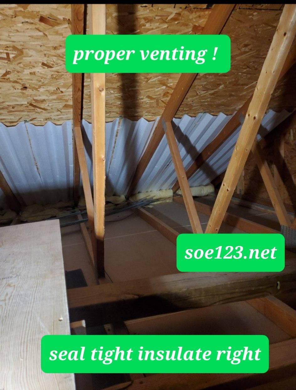 A green sign says proper venting and seal tight insulate right