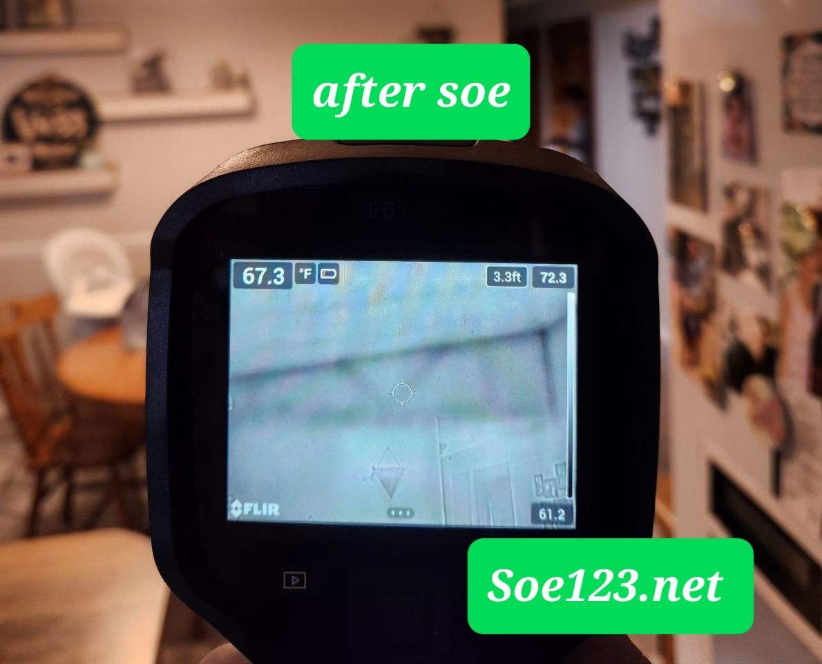 A person is holding a thermometer in their hand with a green sign that says after soe